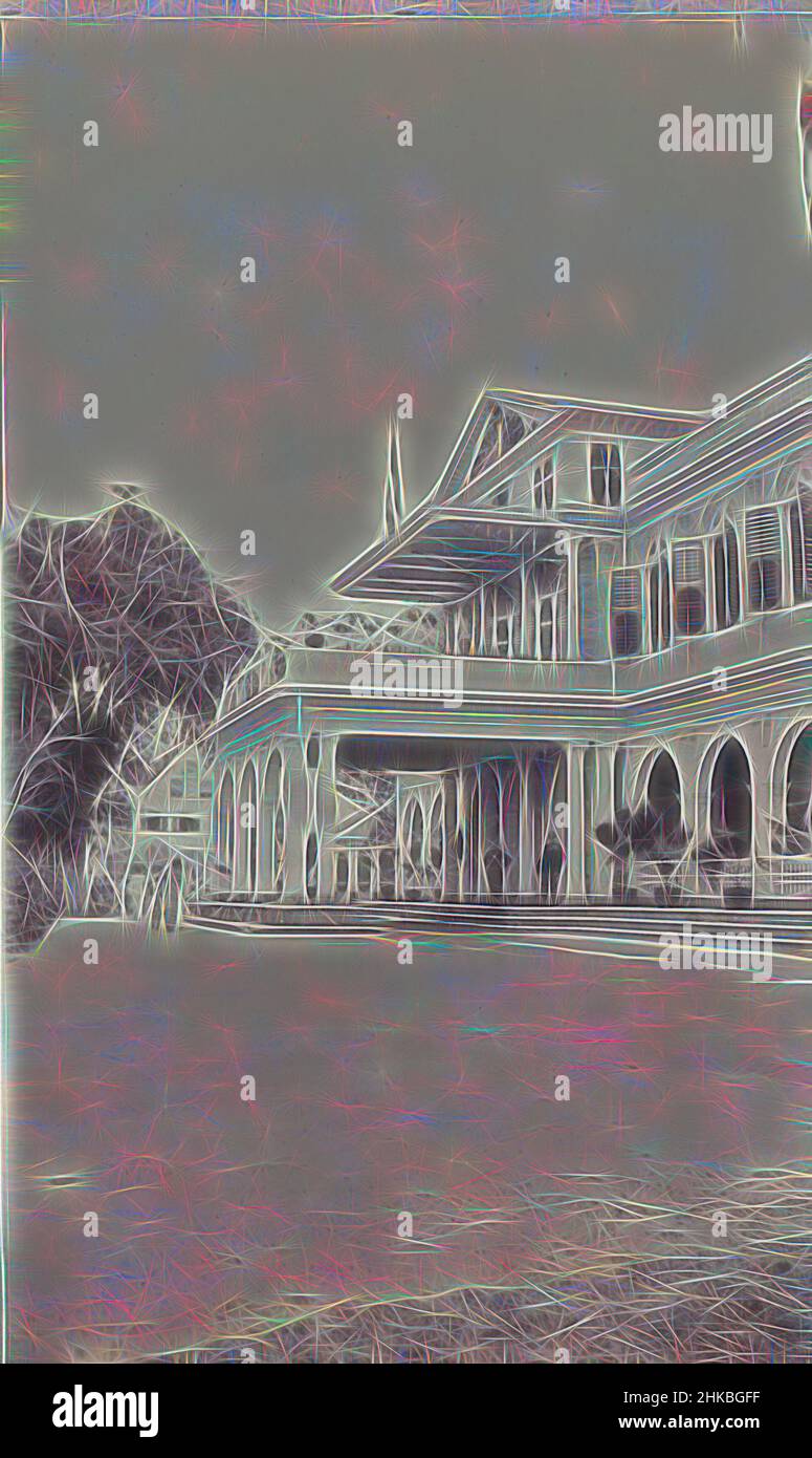 Inspired by Governor's Palace at Paramaribo, View of the Governor's Palace at Paramaribo, May 1912. Part of the photo album of the Boom-Gonggrijp family in Suriname and Curaçao., Andries Augustus Boom, Paramaribo, May-1912, height 105 mm × width 64 mm, Reimagined by Artotop. Classic art reinvented with a modern twist. Design of warm cheerful glowing of brightness and light ray radiance. Photography inspired by surrealism and futurism, embracing dynamic energy of modern technology, movement, speed and revolutionize culture Stock Photo