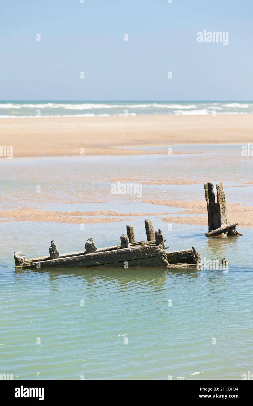 Omaha Beach Remains on the beach, Normandy, french coast, vertical, Stock Photo