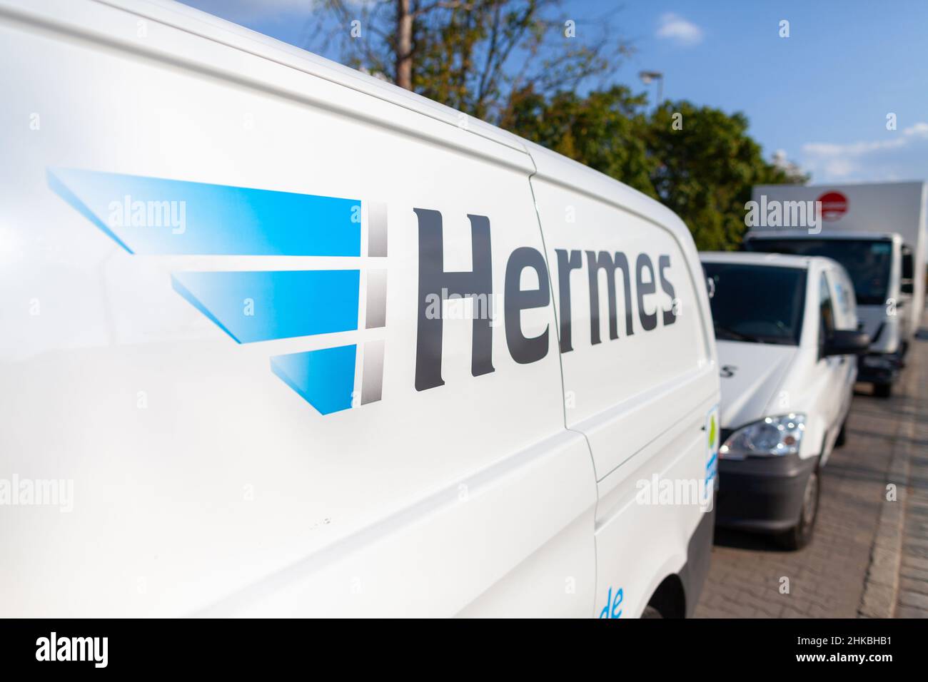 Nuernberg, Germany - August 4, 2019: Hermes branch on a Mercedes Benz delivery truck. Stock Photo