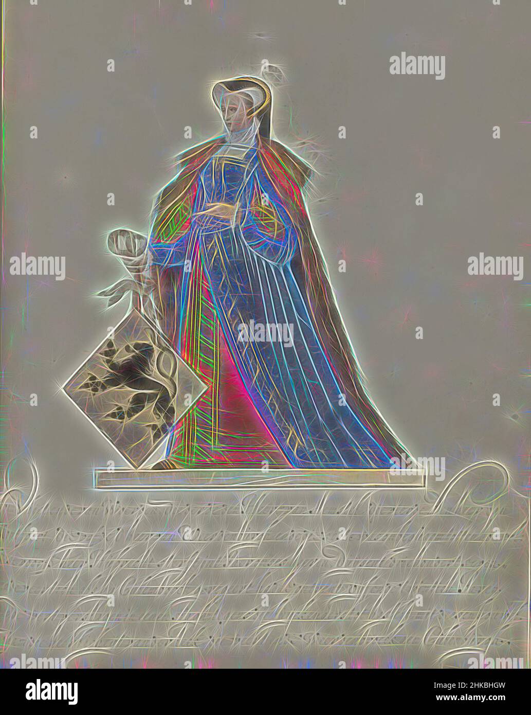 Inspired by Jutta van der Leck, lady of Culemborg, Jutta van der Leck, lady of Culemborg. Wife of Hubrecht IV, lord of Culemborg. Standing full-length with the coat of arms of the Van der Leck family. Part of an illustrated manuscript containing the genealogy of the lords and counts of Culemborg, Reimagined by Artotop. Classic art reinvented with a modern twist. Design of warm cheerful glowing of brightness and light ray radiance. Photography inspired by surrealism and futurism, embracing dynamic energy of modern technology, movement, speed and revolutionize culture Stock Photo