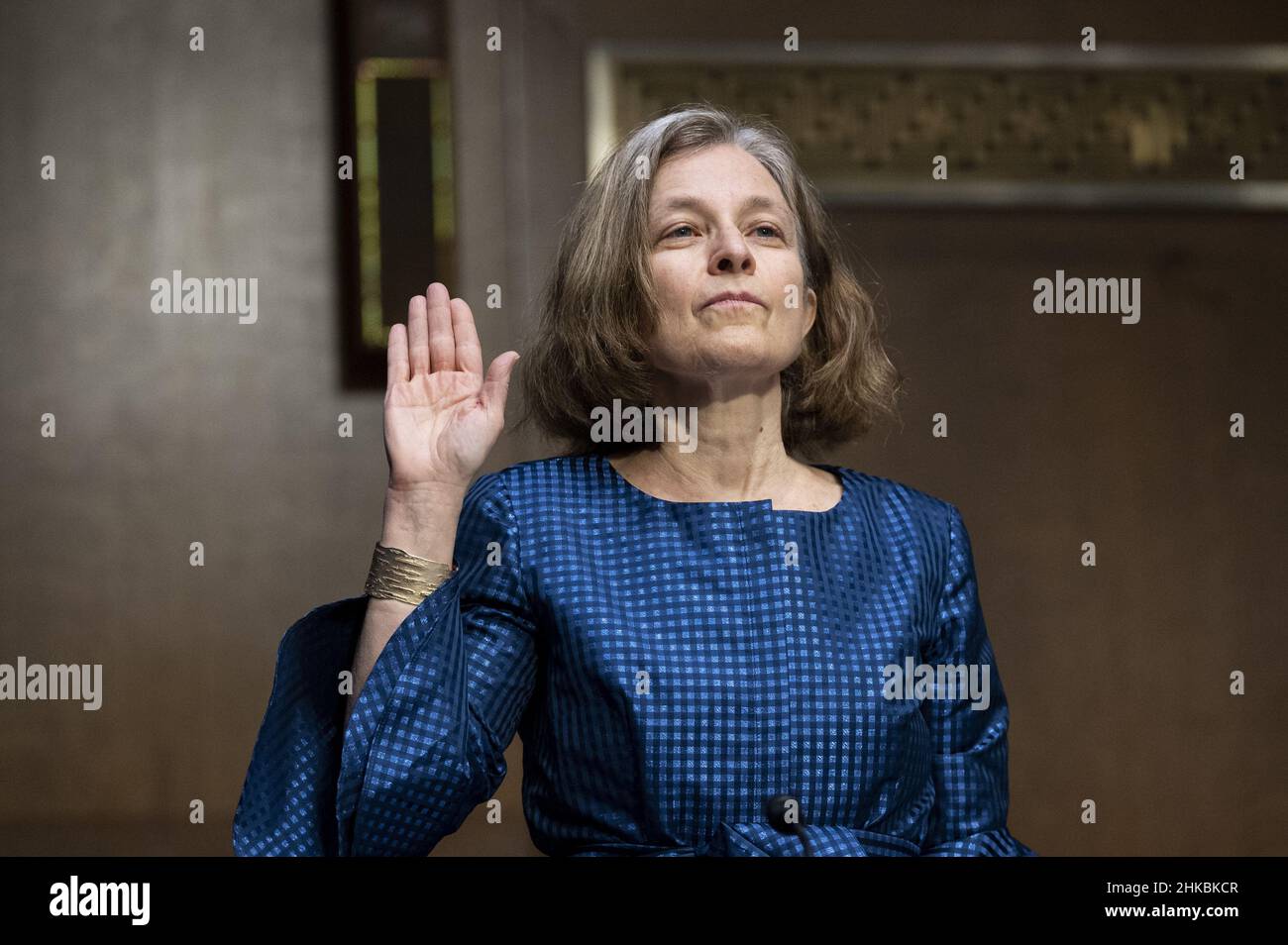 Washington, United States. 03rd Feb, 2022. Sarah Bloom Raskin, nominee to be vice chairman for supervision and a member of the Federal Reserve Board of Governors, is sworn in during the Senate Banking, Housing and Urban Affairs Committee confirmation hearing at the U.S. Capitol in Washington, DC on Thursday, February 3, 2022. Pool Photo by Bill Clark/UPI Credit: UPI/Alamy Live News Stock Photo