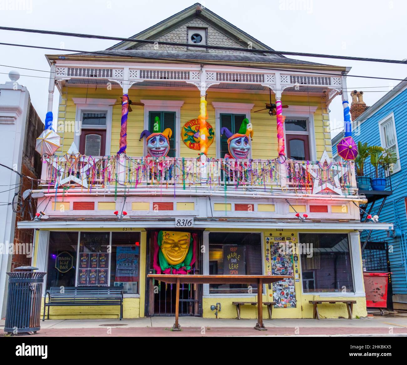 NEW ORLEANS, LA, USA - FEBRUARY 8, 2021: Full Front view of world famous Maple Leaf Bar de with Mardi Gras decorations Stock Photo
