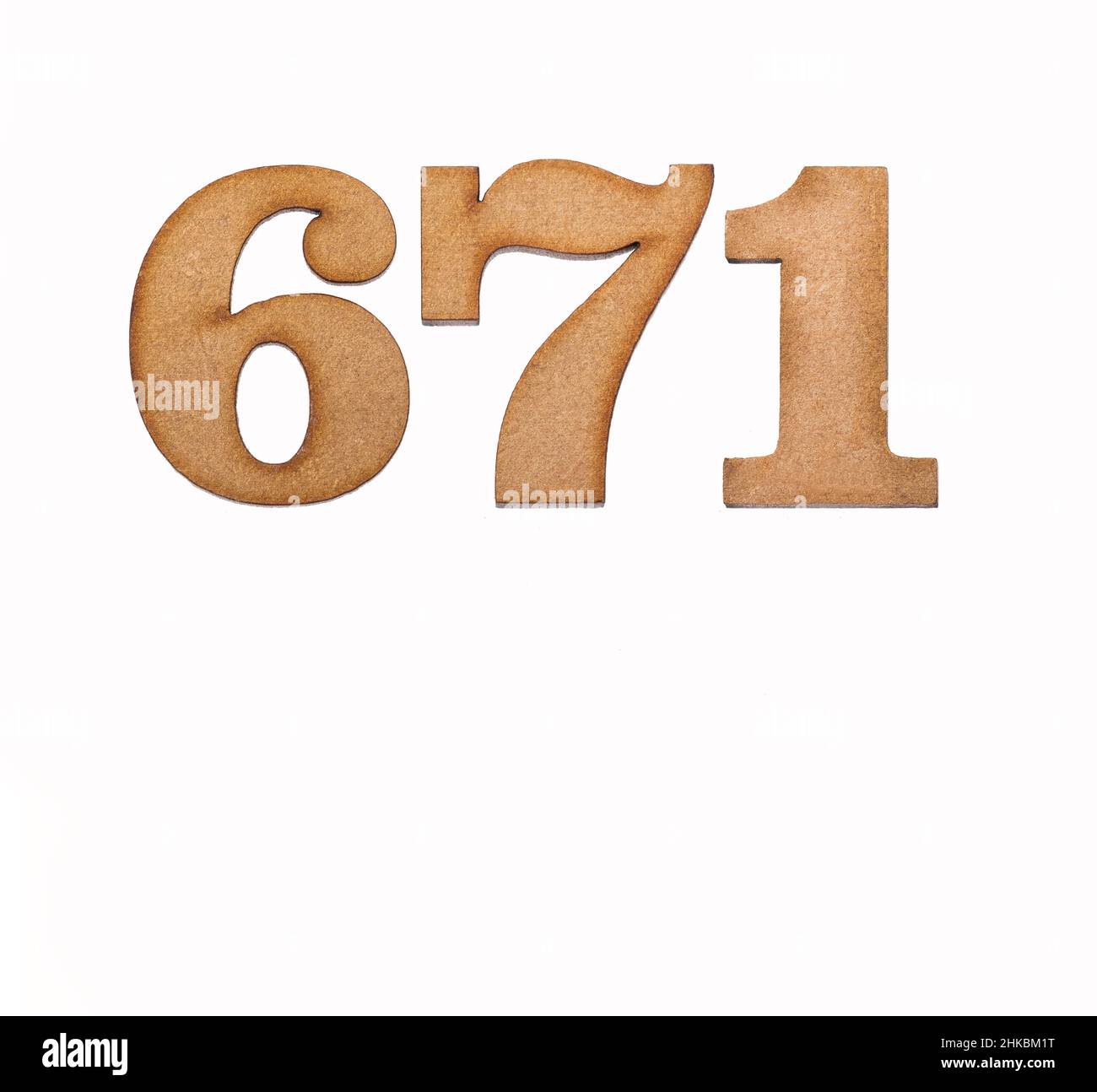 Number 671 in wood, isolated on white background Stock Photo - Alamy