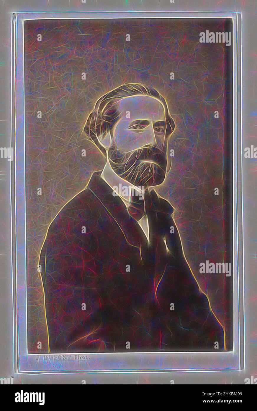 Inspired by Portrait of the painter Joseph Bellemans, half-figure, L'École d'Anvers. Portraits biographies cartes de visite. Collection Dupont, Joseph Dupont, Antwerp, 1861, paper, albumen print, height 102 mm × width 63 mm, Reimagined by Artotop. Classic art reinvented with a modern twist. Design of warm cheerful glowing of brightness and light ray radiance. Photography inspired by surrealism and futurism, embracing dynamic energy of modern technology, movement, speed and revolutionize culture Stock Photo