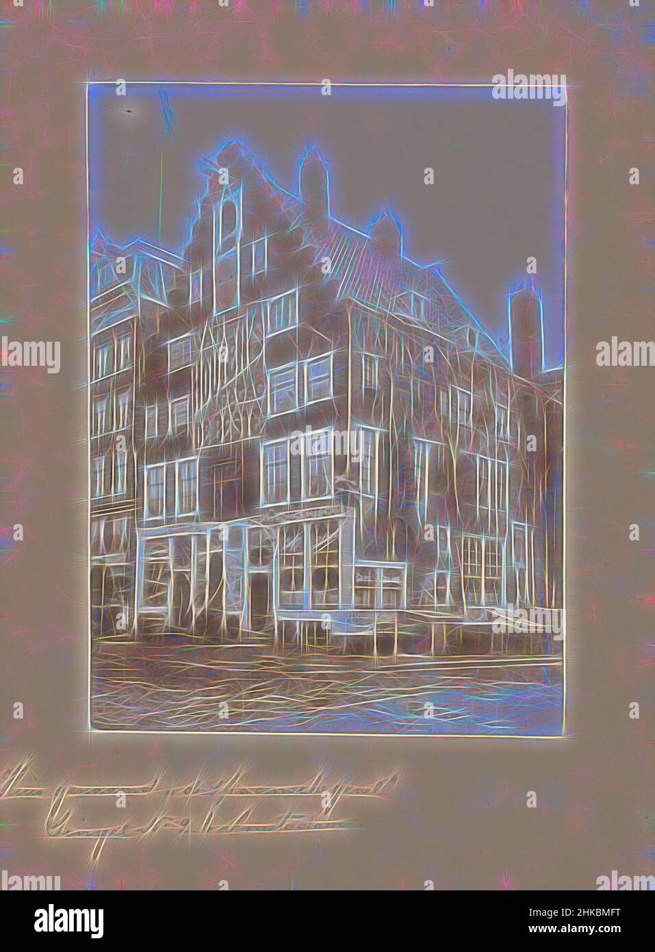 Inspired by Façade of the Spanish House on Singel 2 in Amsterdam, A.J.M. Mulder, Singel, c. 1890 - c. 1900, height 218 mm × width 159 mm, Reimagined by Artotop. Classic art reinvented with a modern twist. Design of warm cheerful glowing of brightness and light ray radiance. Photography inspired by surrealism and futurism, embracing dynamic energy of modern technology, movement, speed and revolutionize culture Stock Photo