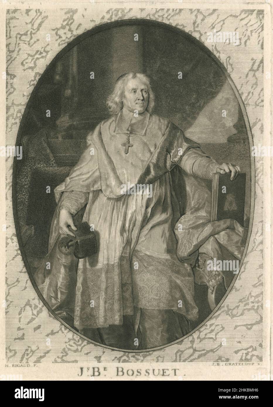 Antique early 19th century etching of Jacques-Benigne Bossuet. Jacques-Bénigne Lignel Bossuet (1627-1704) was a French bishop and theologian, renowned for his sermons and other addresses. Engraving by Jean-Baptiste de Grateloup (1735-1817) after painting by Hyacinthe Rigaud (1659-1743). SOURCE: ORIGINAL ENGRAVING Stock Photo