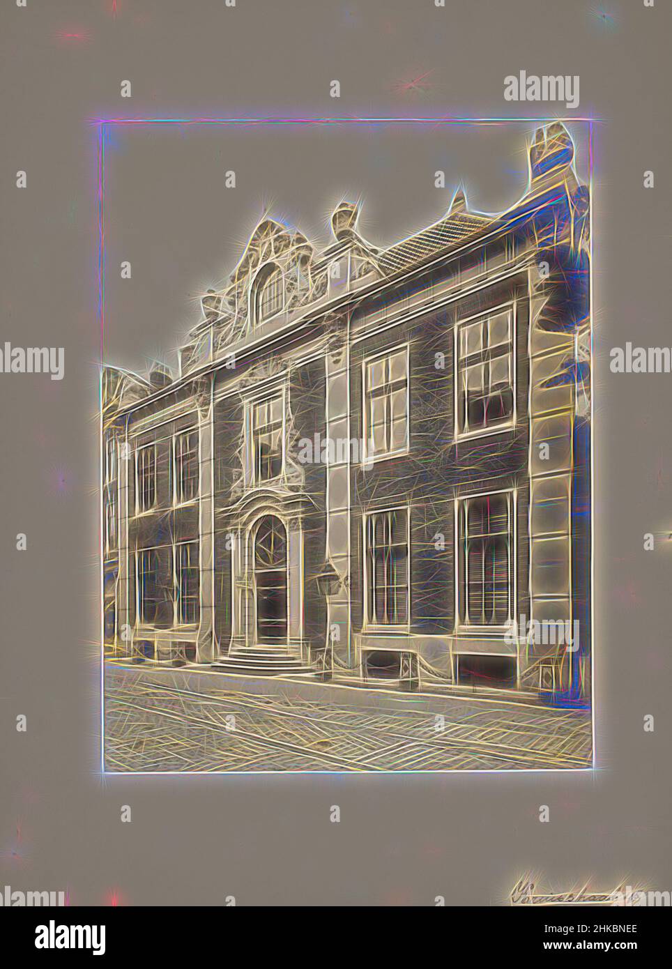 Inspired by Façade of Kruisstraat 45, Haarlem, A.J.M. Mulder, Kruisstraat, 1907, gelatin silver print, height 218 mm × width 165 mm, Reimagined by Artotop. Classic art reinvented with a modern twist. Design of warm cheerful glowing of brightness and light ray radiance. Photography inspired by surrealism and futurism, embracing dynamic energy of modern technology, movement, speed and revolutionize culture Stock Photo