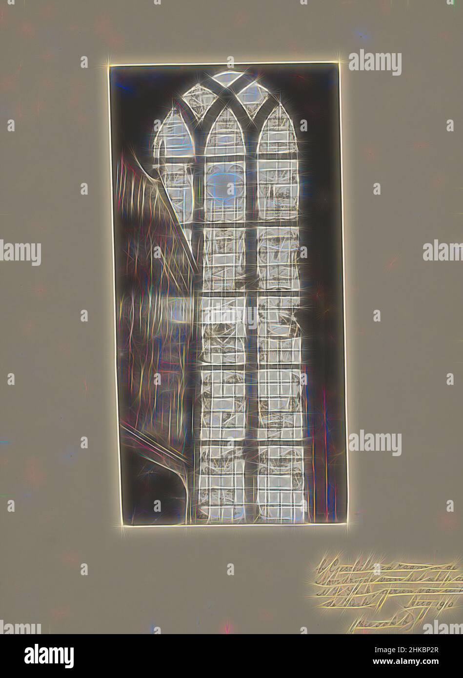 Inspired by Painted window of the nave in the Grote Kerk in Oosthuizen, A.J.M. Mulder, Grote Kerk, 1910, gelatin silver print, height 218 mm × width 106 mm, Reimagined by Artotop. Classic art reinvented with a modern twist. Design of warm cheerful glowing of brightness and light ray radiance. Photography inspired by surrealism and futurism, embracing dynamic energy of modern technology, movement, speed and revolutionize culture Stock Photo