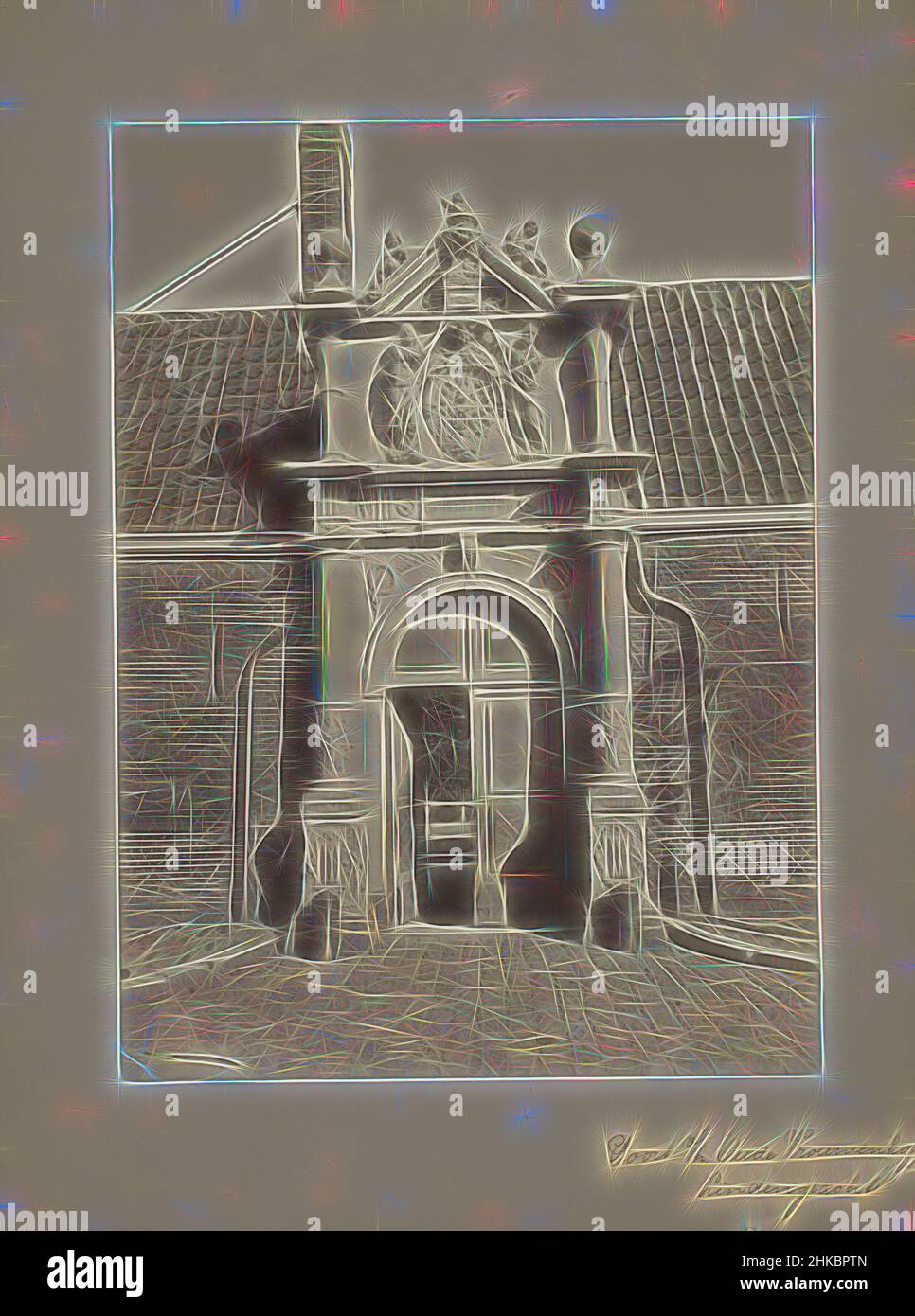 Inspired by Gate of the Arend Maartenshof in Dordrecht, A.J.M. Mulder, Museumstraat, c. 1880 - c. 1910, albumen print, height 238 mm × width 174 mm, Reimagined by Artotop. Classic art reinvented with a modern twist. Design of warm cheerful glowing of brightness and light ray radiance. Photography inspired by surrealism and futurism, embracing dynamic energy of modern technology, movement, speed and revolutionize culture Stock Photo