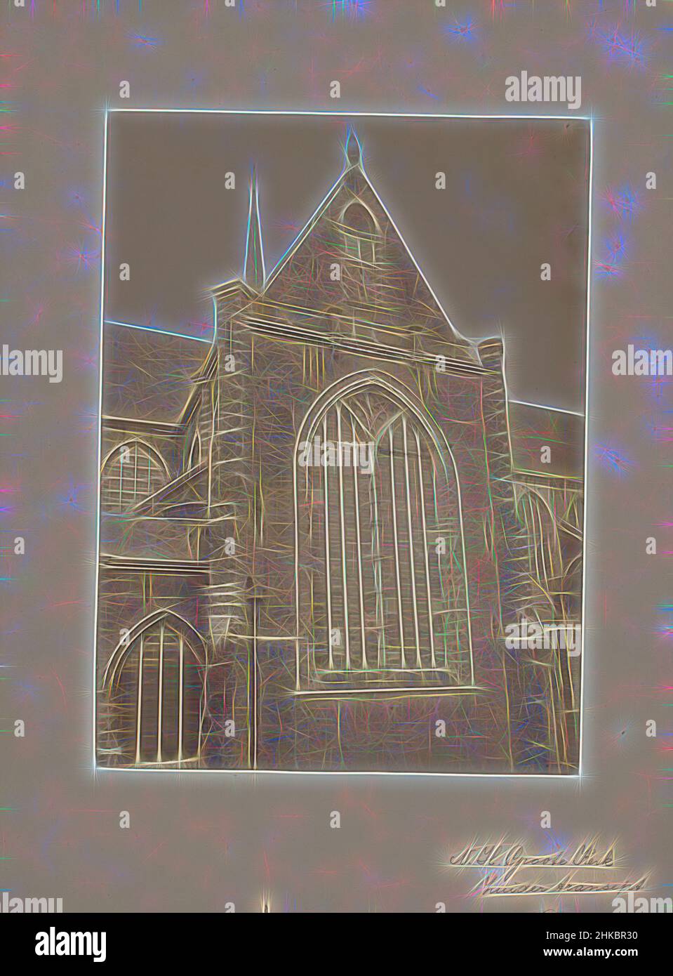 Inspired by South transept of the Great or Our Lady's Church in Dordrecht, A.J.M. Mulder, Voorstraat, c. 1880 - c. 1910, albumen print, height 230 mm × width 170 mm, Reimagined by Artotop. Classic art reinvented with a modern twist. Design of warm cheerful glowing of brightness and light ray radiance. Photography inspired by surrealism and futurism, embracing dynamic energy of modern technology, movement, speed and revolutionize culture Stock Photo