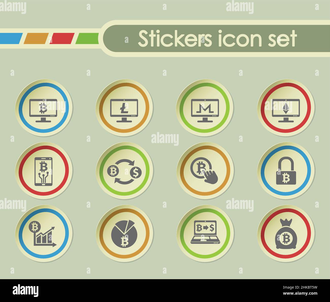 cryptocurrency simple vector icons on round stickers Stock Vector