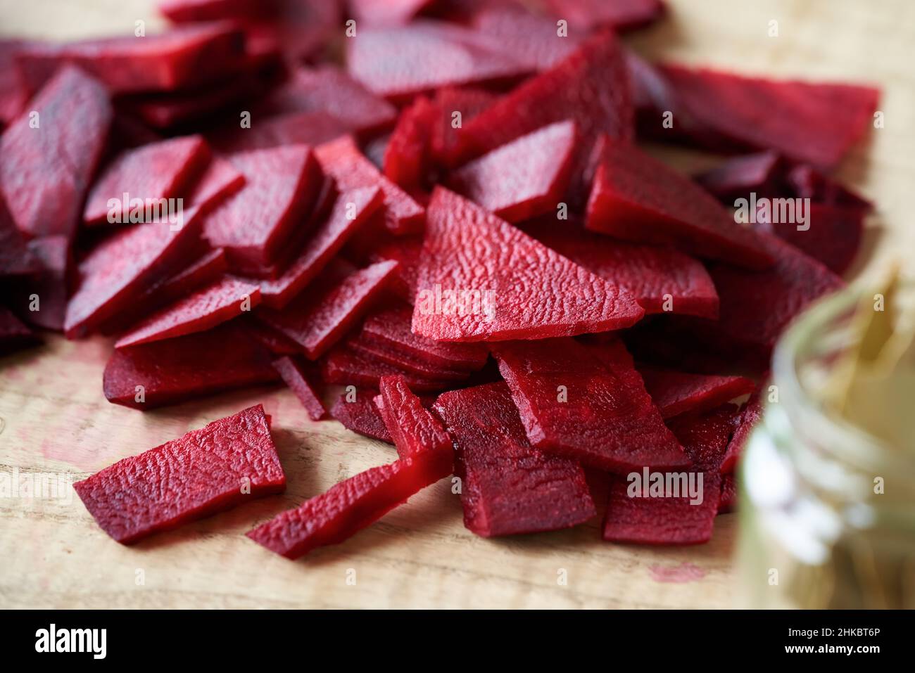 Sliced red beet on a table preparation of fermented kvass Stock Photo