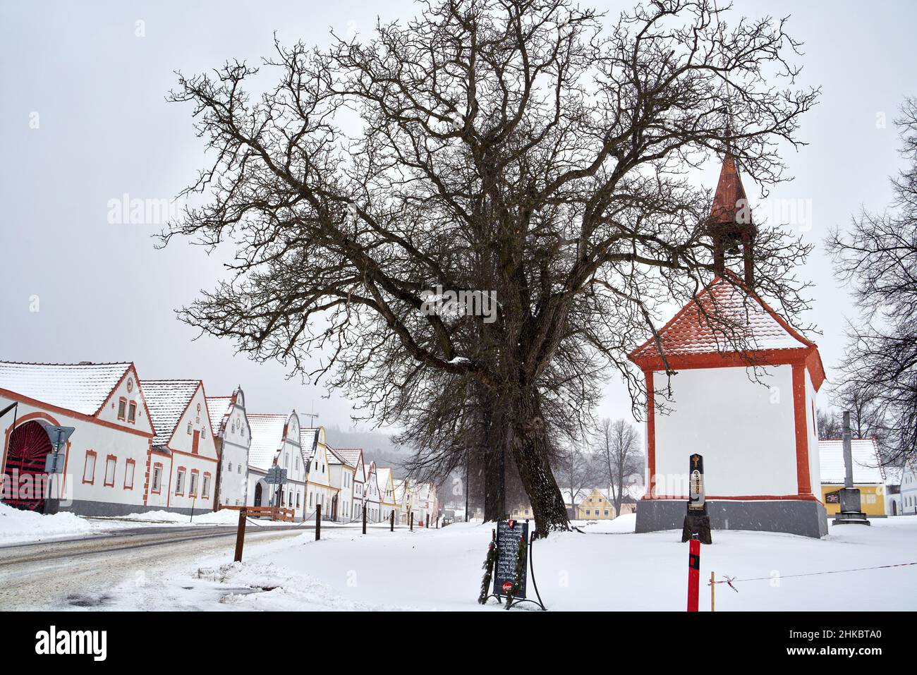 HOLASOVICE, CZECH REPUBLIC - JANUARY 21, 2022: Village with houses in rural baroque style registered as UNESCO world heritage site Stock Photo