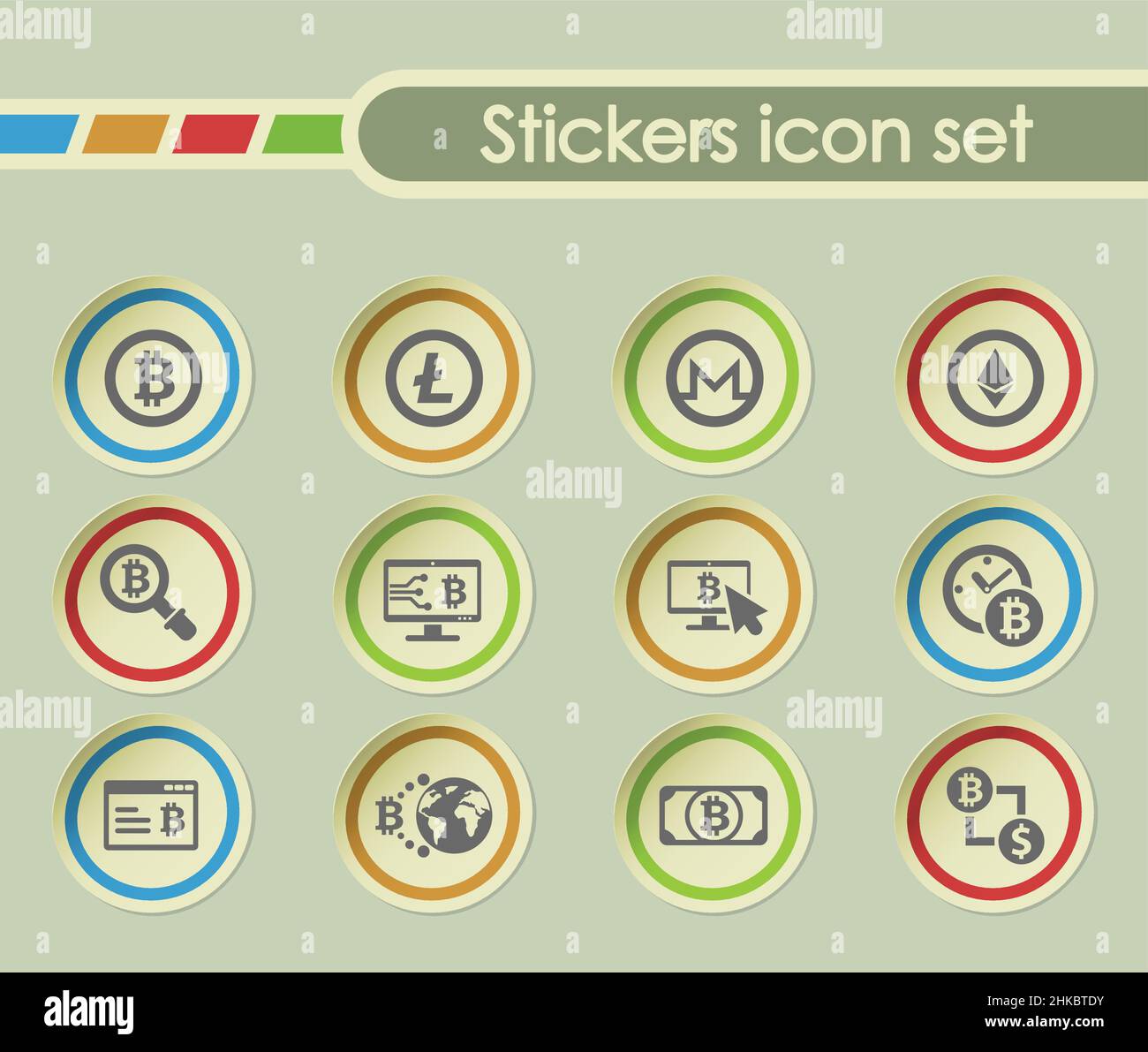 cryptocurrency simple vector icons on round stickers Stock Vector