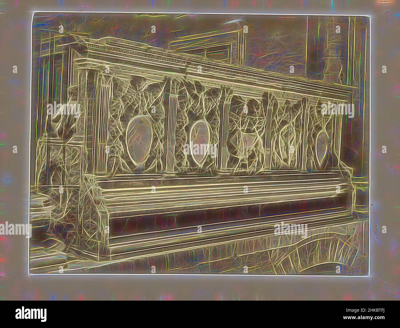 Inspired by Choir stool from Siena with a relief of plant motifs and a wolf suckling Remus and Romulus (probable), Paolo Lombardi, Siena, c. 1875 - c. 1900, albumen print, height 191 mm × width 249 mm, Reimagined by Artotop. Classic art reinvented with a modern twist. Design of warm cheerful glowing of brightness and light ray radiance. Photography inspired by surrealism and futurism, embracing dynamic energy of modern technology, movement, speed and revolutionize culture Stock Photo