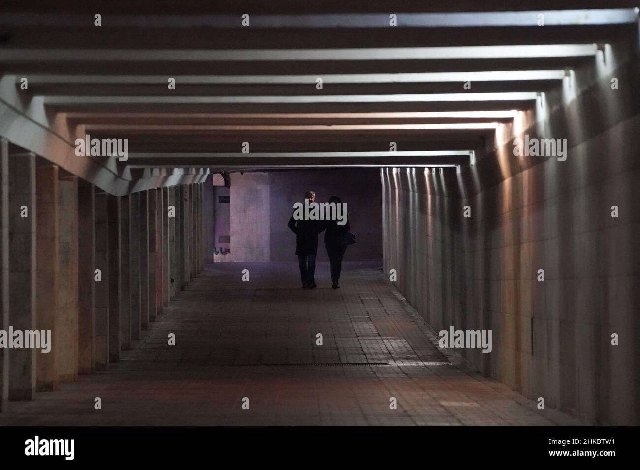 Kyiv, Ukraine. 3rd Feb, 2022. People walk through an underground pedestrian tunnel on February 3, 2022 in Kyiv, Ukraine. (Credit Image: © Bryan Smith/ZUMA Press Wire) Stock Photo