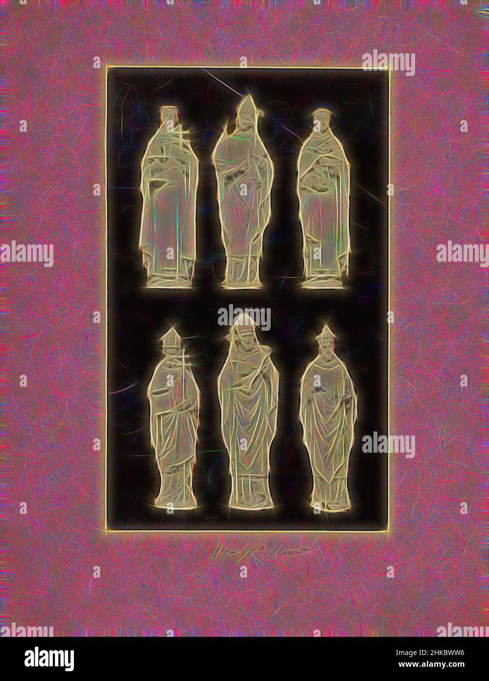 Inspired by Six sculptures of bishops and clergy of St. John's Cathedral in 's-Hertogenbosch, c. 1875 - c. 1900, albumen print, height 213 mm × width 129 mm, Reimagined by Artotop. Classic art reinvented with a modern twist. Design of warm cheerful glowing of brightness and light ray radiance. Photography inspired by surrealism and futurism, embracing dynamic energy of modern technology, movement, speed and revolutionize culture Stock Photo
