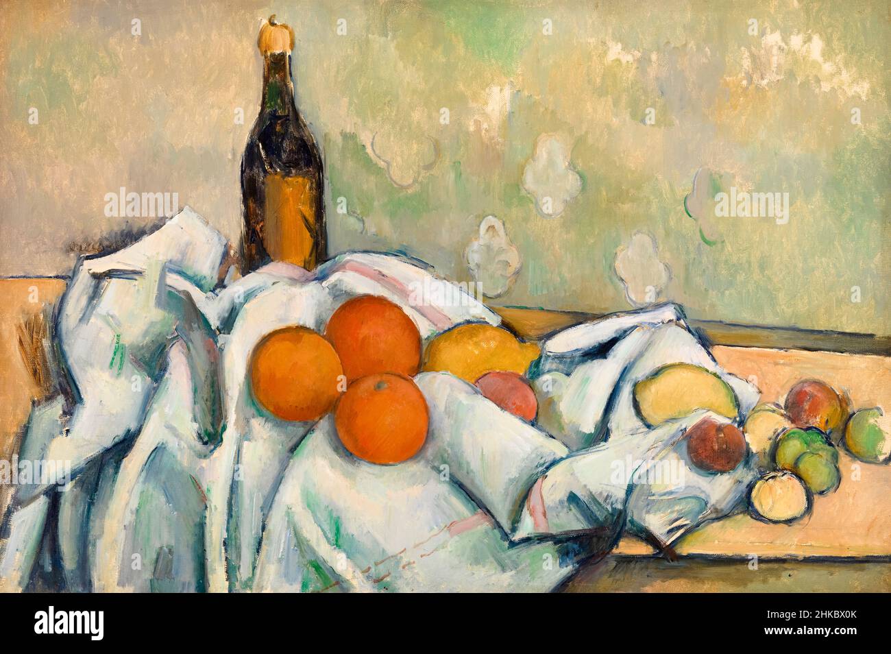 Bottle and Fruits, still life painting by Paul Cezanne, circa 1890 Stock Photo
