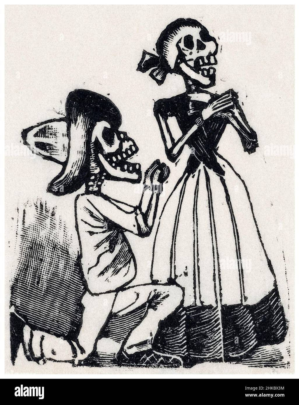 A male skeleton on his knees before a female skeleton, (vignette for the feast of the dead), metal plate engraving by José Guadalupe Posada, 1890-1910 Stock Photo