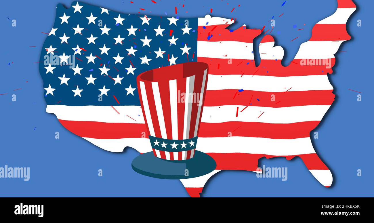 Vector image of american flag pattern on hat and usa map against blue ...