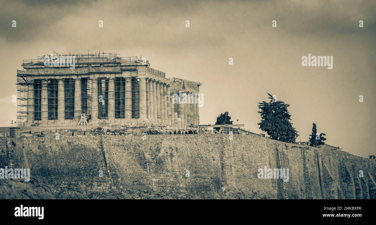 Black and white picture of Acropolis of Athens on hill with amazing and ...