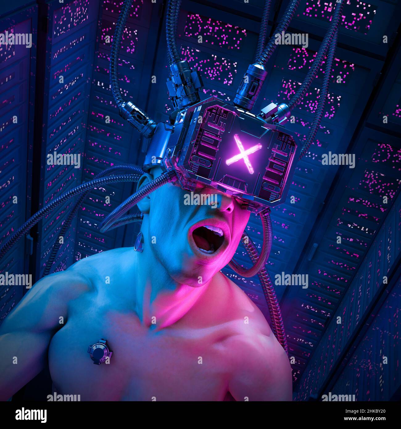 Cyberpunk hacker man - 3D illustration of science fiction shocked male character wearing futuristic virtual reality glasses inside server farm Stock Photo