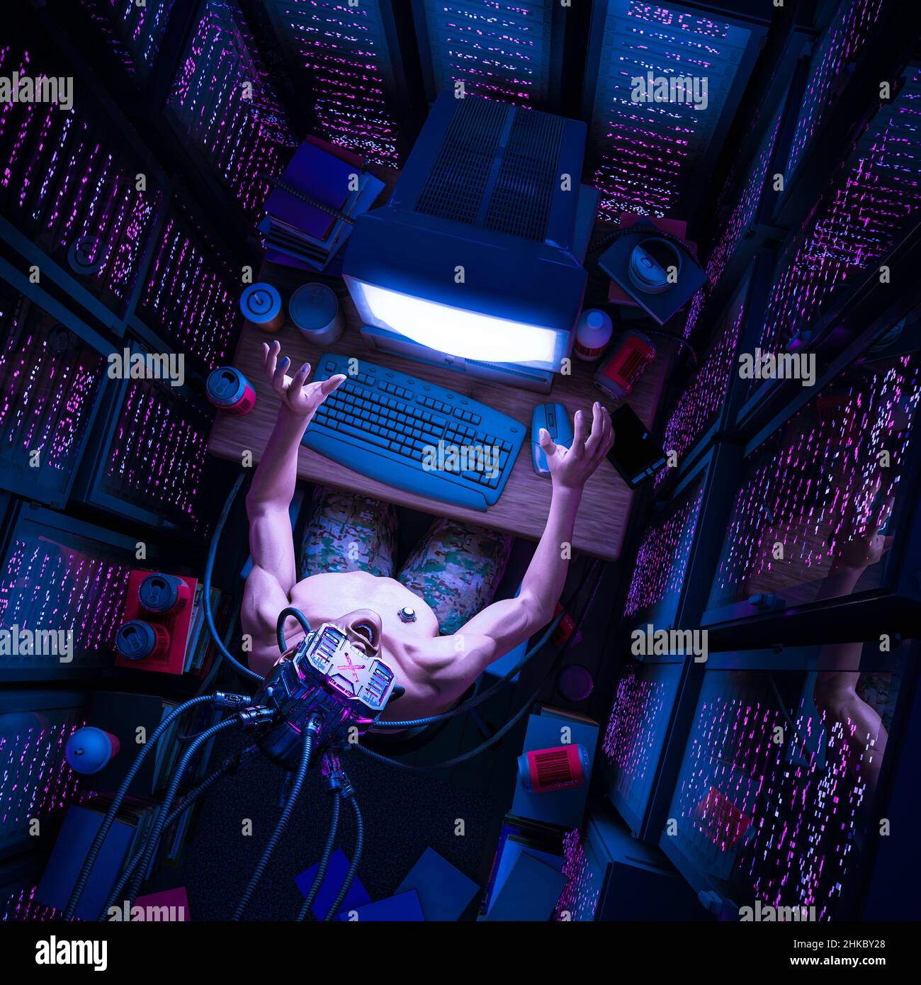 Cyberpunk hacker man - 3D illustration of science fiction shocked male character working on retro computer console inside server farm Stock Photo