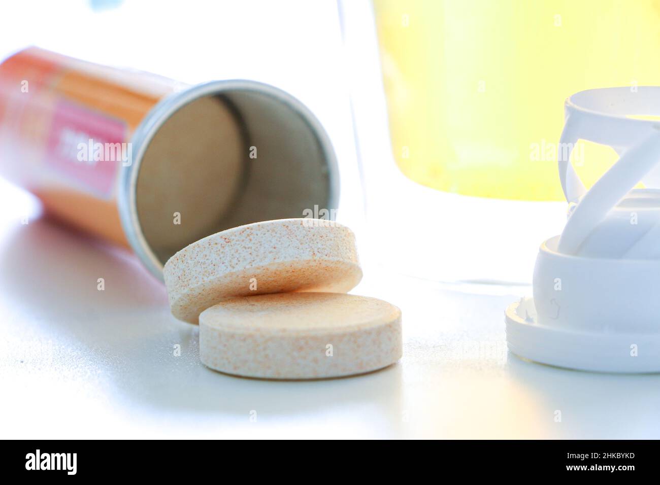 Vitamin C dissolvable tablets, health supplements, out of a tube on a