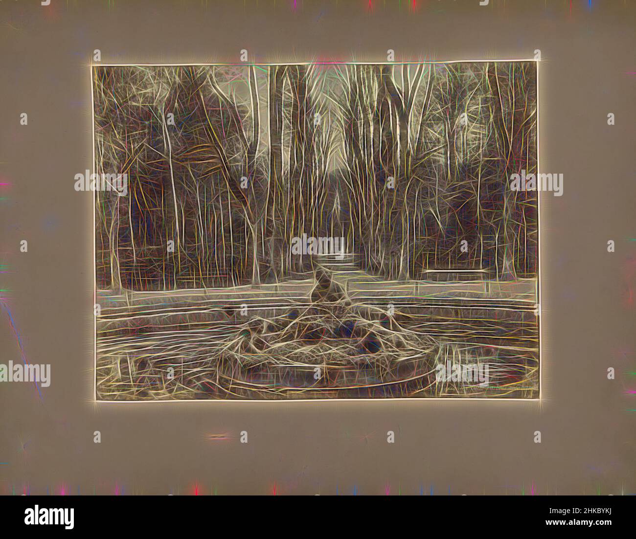 Inspired by Fountain of Flora in the garden of the castle of Versailles, Versailles Allée d'arbres avec bassin, Versailles, c. 1875 - c. 1900, albumen print, height 223 mm × width 294 mm, Reimagined by Artotop. Classic art reinvented with a modern twist. Design of warm cheerful glowing of brightness and light ray radiance. Photography inspired by surrealism and futurism, embracing dynamic energy of modern technology, movement, speed and revolutionize culture Stock Photo