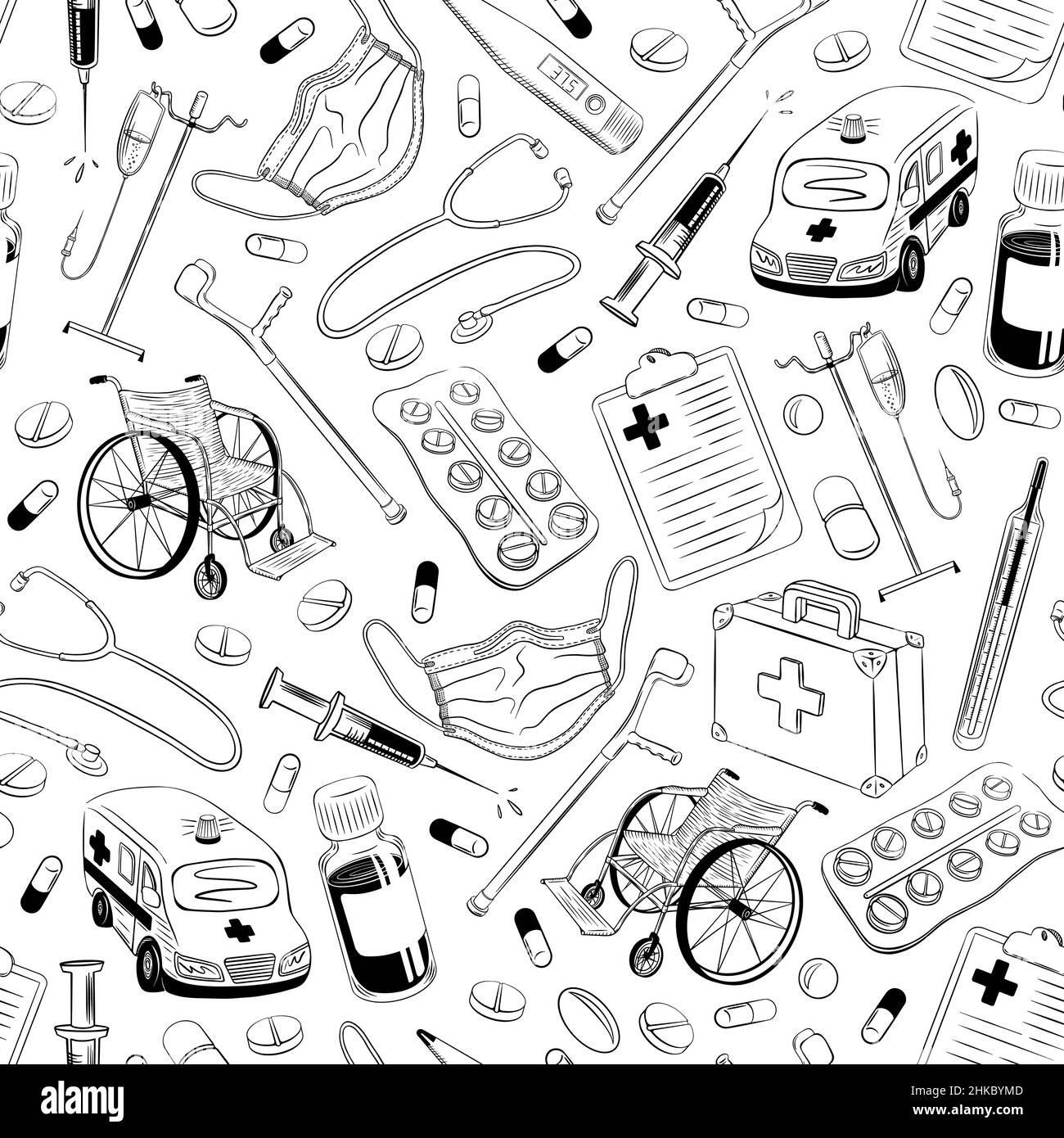 Medical seamless pattern. Hand drawn clinic stuff in sketchy vintage style on white background. Vector illustration. Stock Vector