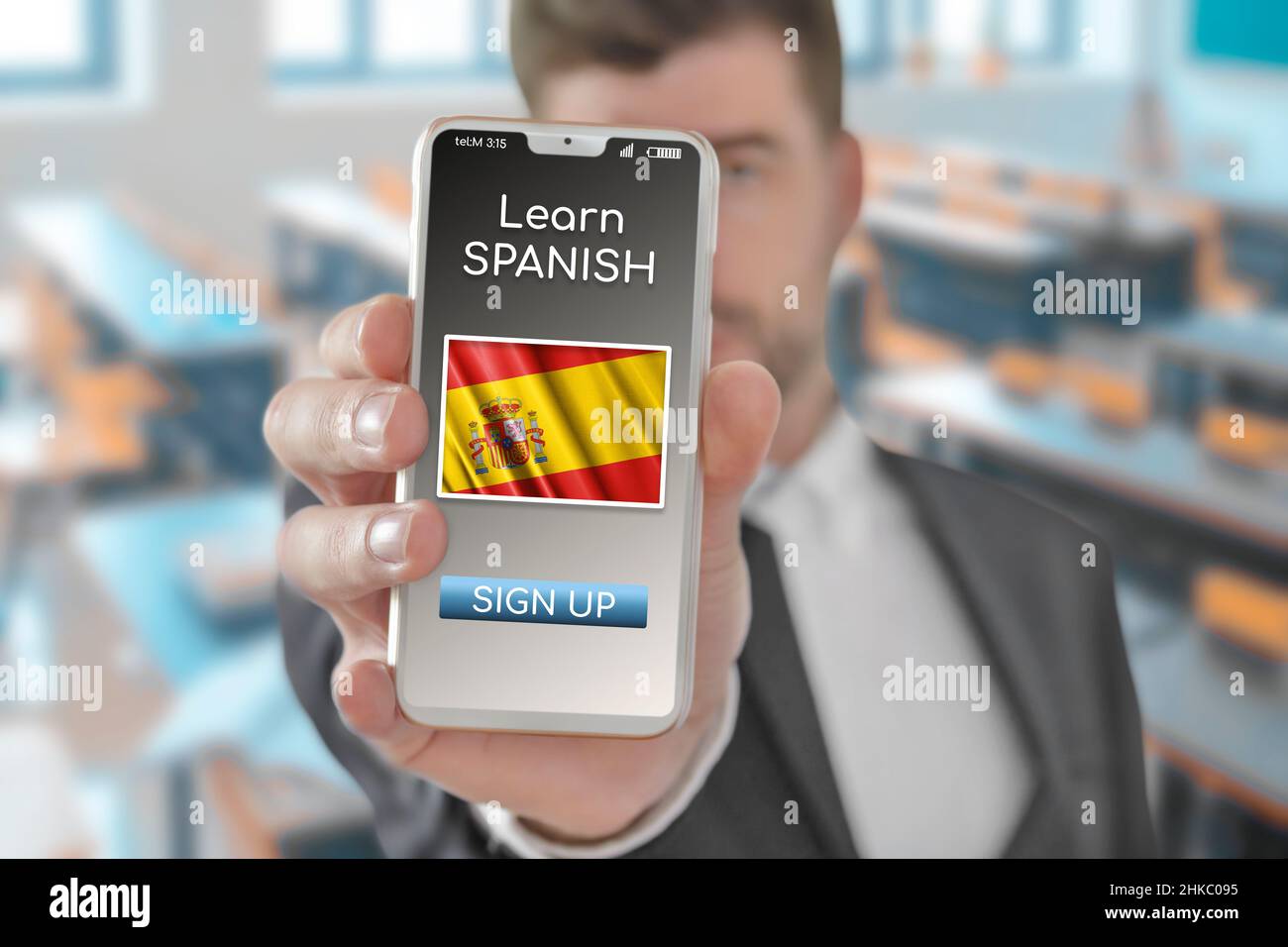 Online concept learn Spanish language with a person showing elearning