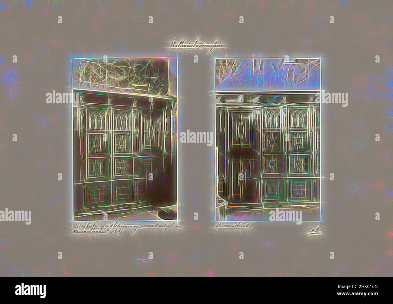 Inspired by View of two views of a wall paneling, On the left the wall paneling, seen from the side, on the right a front view of the wall paneling., Netherlands, c. 1875 - c. 1900, height 315 mm × width 446 mm, Reimagined by Artotop. Classic art reinvented with a modern twist. Design of warm cheerful glowing of brightness and light ray radiance. Photography inspired by surrealism and futurism, embracing dynamic energy of modern technology, movement, speed and revolutionize culture Stock Photo