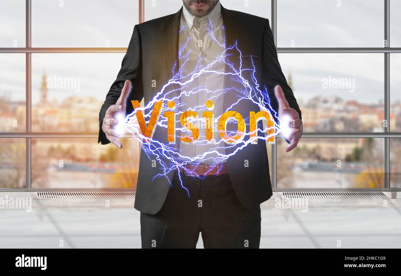 Business man making electricity light vision from his hands concept