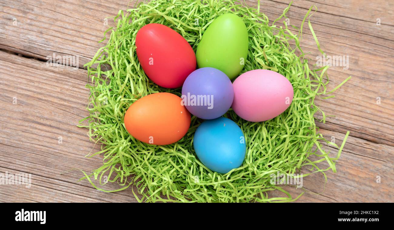Easter nest on wooden table, Pastel color paint eggs in a green nest ...