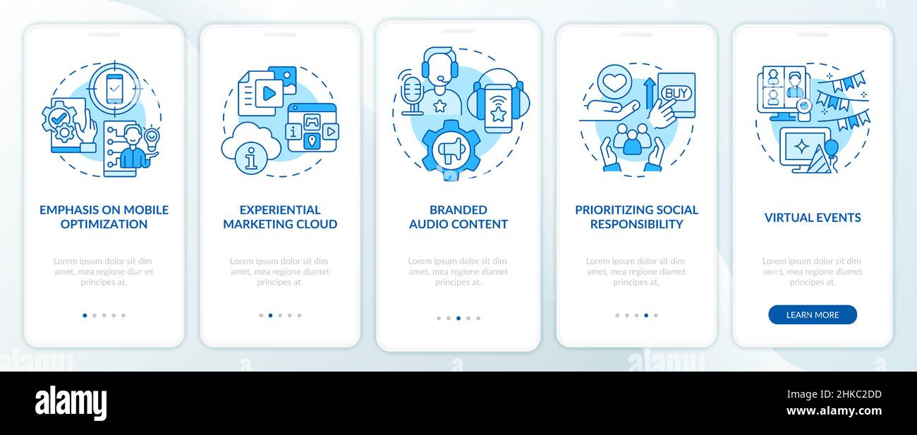 Marketing trends examples blue onboarding mobile app screen Stock ...