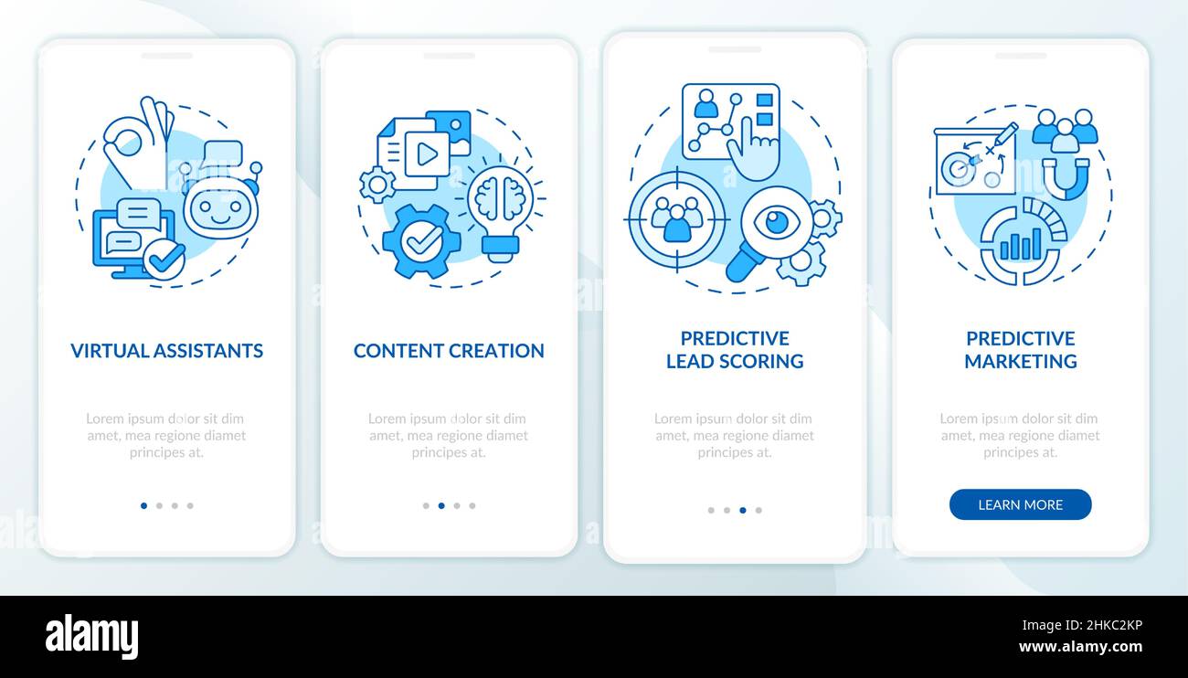 Usage of AI in marketing blue onboarding mobile app screen Stock Vector ...