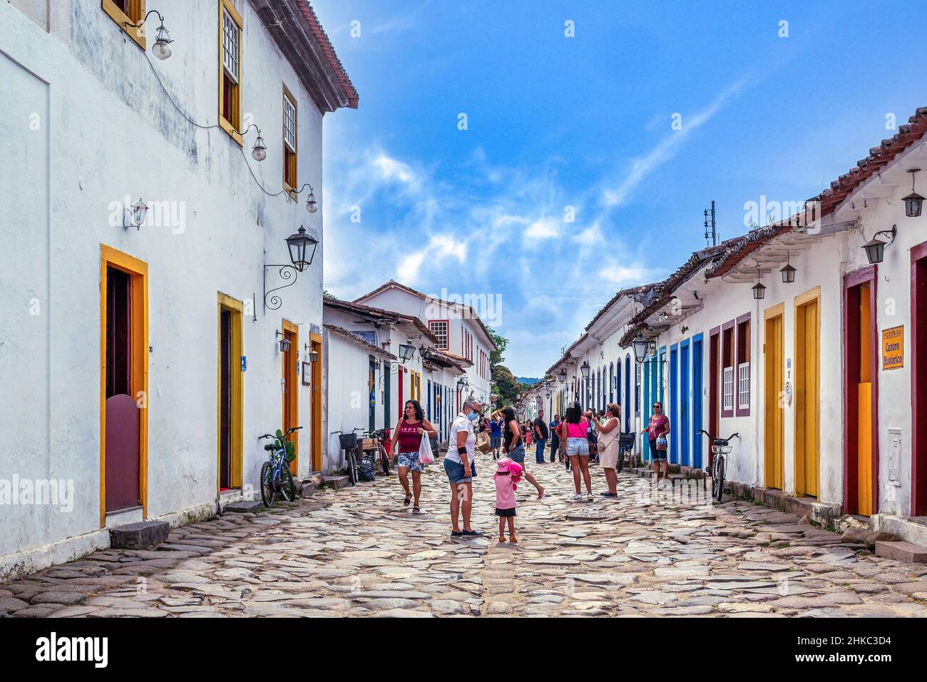 Portuguese colonial style architecture in houses and buildings of the city of Paraty in the Rio de Janeiro state, Brazil. The old town is a famous pla Stock Photo