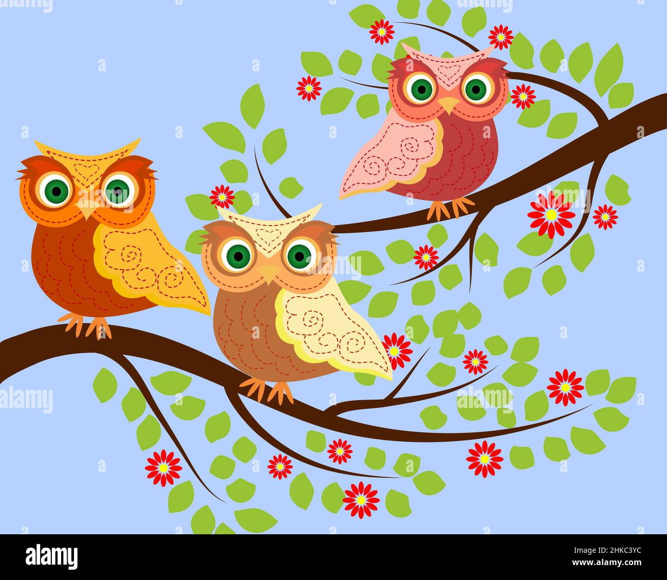 Bright cute cartoon owls sit on the flowering branches of fantastic ...