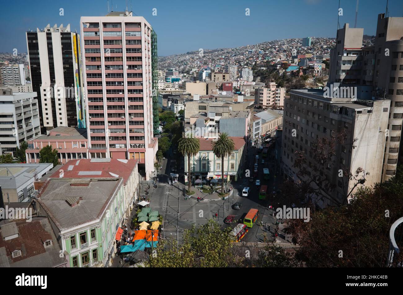 Valparaiso, Chile - February, 2020: View to Plazuela Anibal Pinto square, Condell and Bernardo O'Higgin streets, and municipal and government building Stock Photo