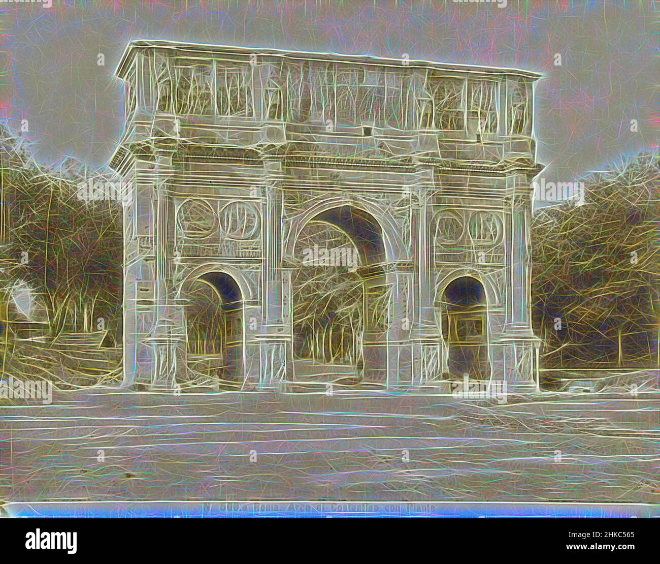 Inspired by Arch of Constantine at Rome, N. 500.a Roma. Arco di Constantino con Piante, Rome, c. 1880 - c. 1904, paper, albumen print, height 199 mm × width 255 mmheight 241 mm × width 327 mm, Reimagined by Artotop. Classic art reinvented with a modern twist. Design of warm cheerful glowing of brightness and light ray radiance. Photography inspired by surrealism and futurism, embracing dynamic energy of modern technology, movement, speed and revolutionize culture Stock Photo