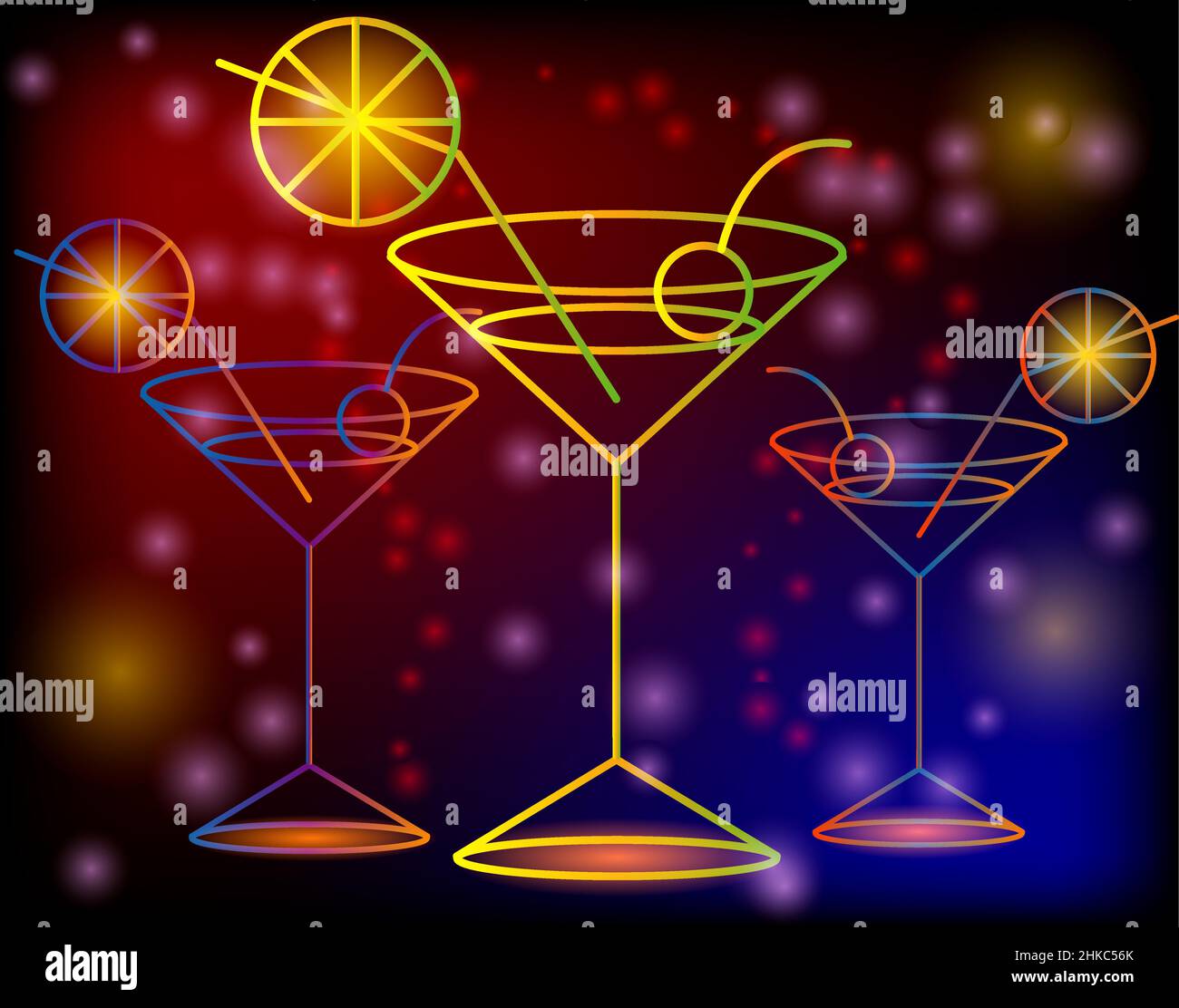 Golden outline of glasses with a cocktail on a dark background with stars and lights, disco, club, neon glow Stock Vector