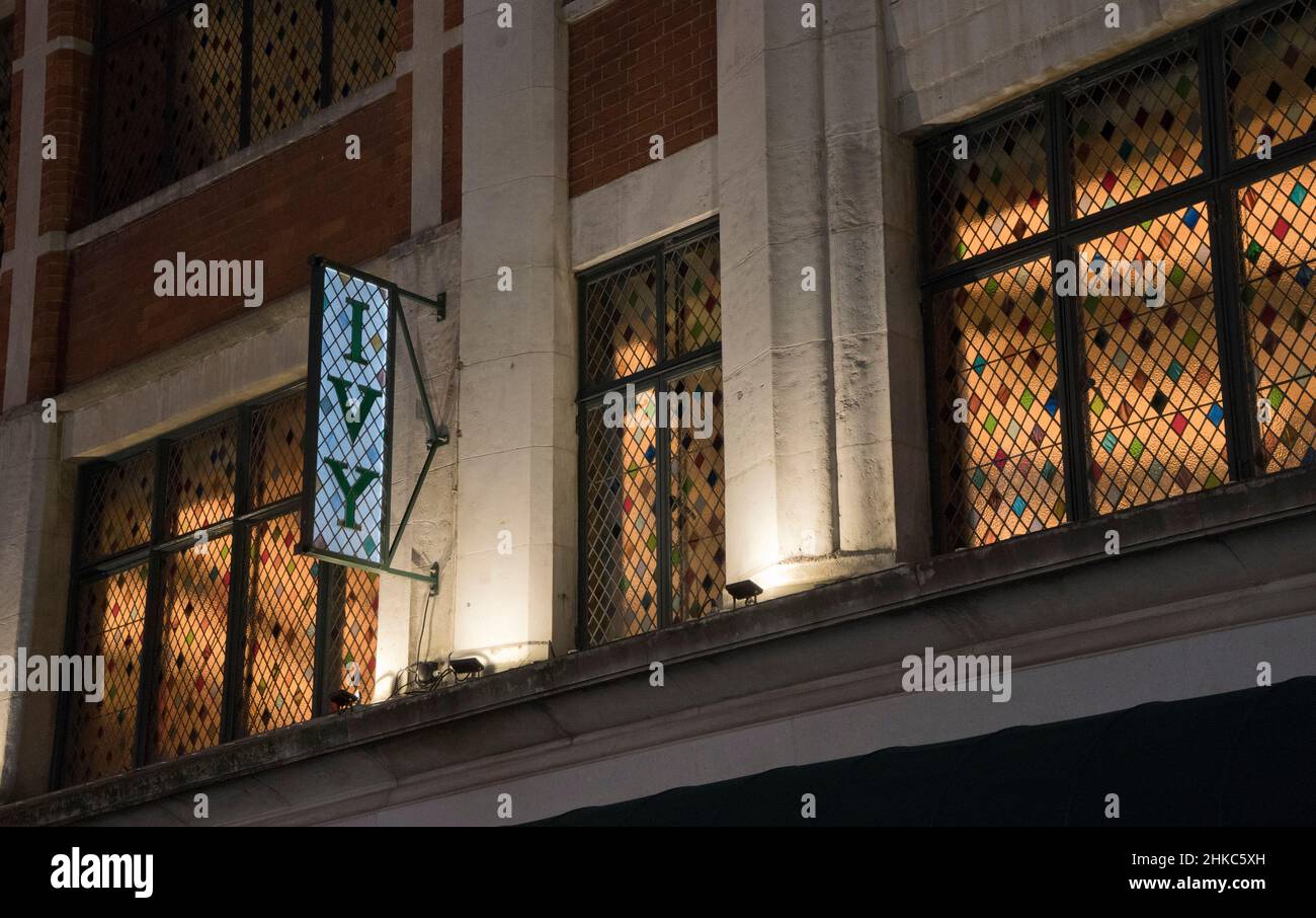 Night view of the exclusive Ivy Club in the West End of London,England