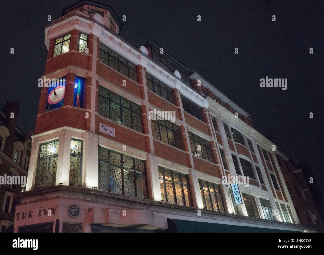 Night view of the exclusive Ivy Club in the West End of London,England