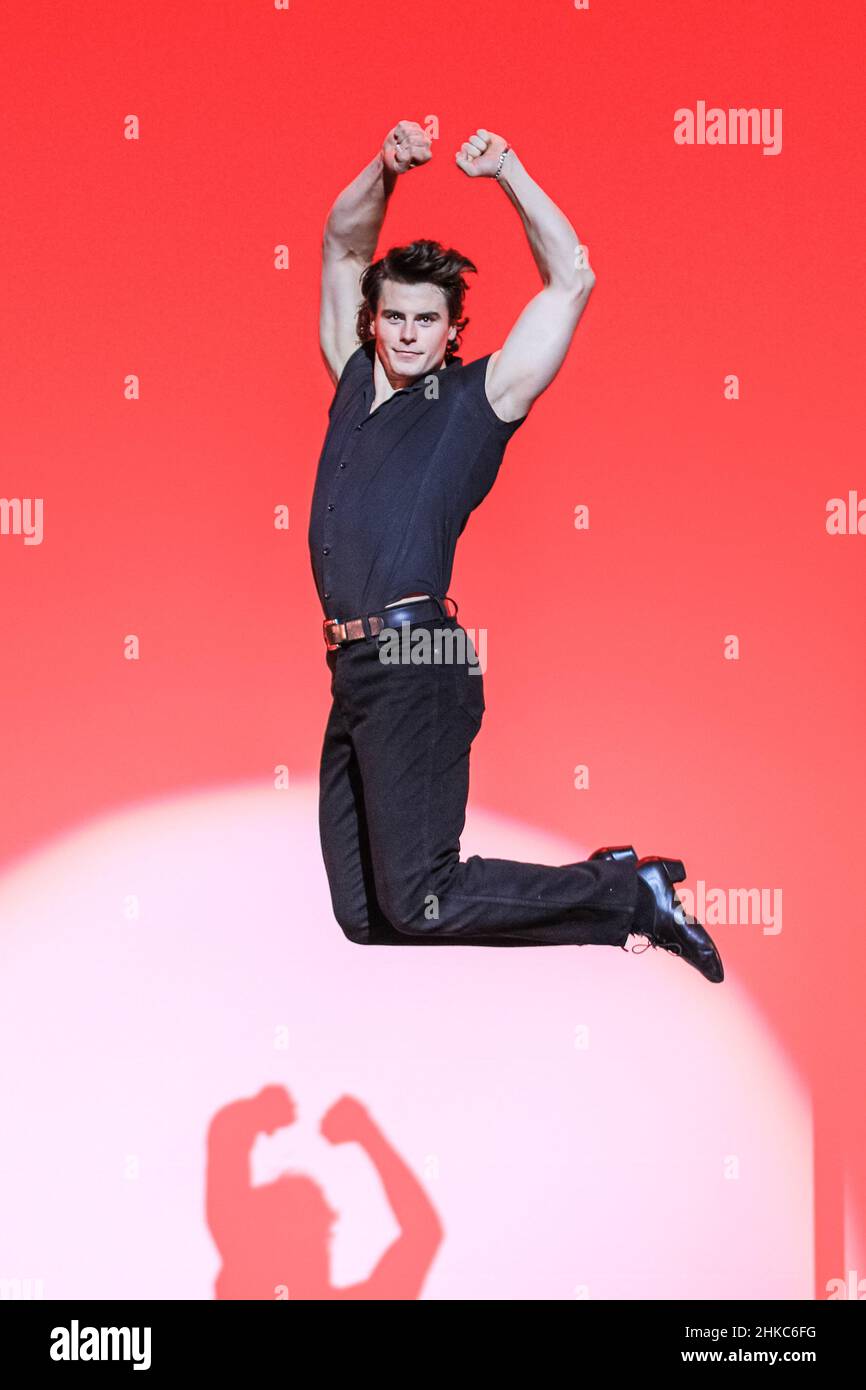 London, UK. 3rd Feb, 2021. Johnny (Michael O'Reilly) jumps in an energetic dance culminating in the famous lift. Dirty Dancing - The Classic Story on Stage is coming to the Dominion Theatre in the West End for a limited run with a cast led by Michael O'Reilly and Kira Malou in the roles of Johnny and Baby.The dazzling renewed version celebrates 35 years of the iconic hit film with its classic story and hit songs. It runs at the Dominion Theatre 2nd Feb - 16th April 2022. Credit: Imageplotter/Alamy Live News Stock Photo