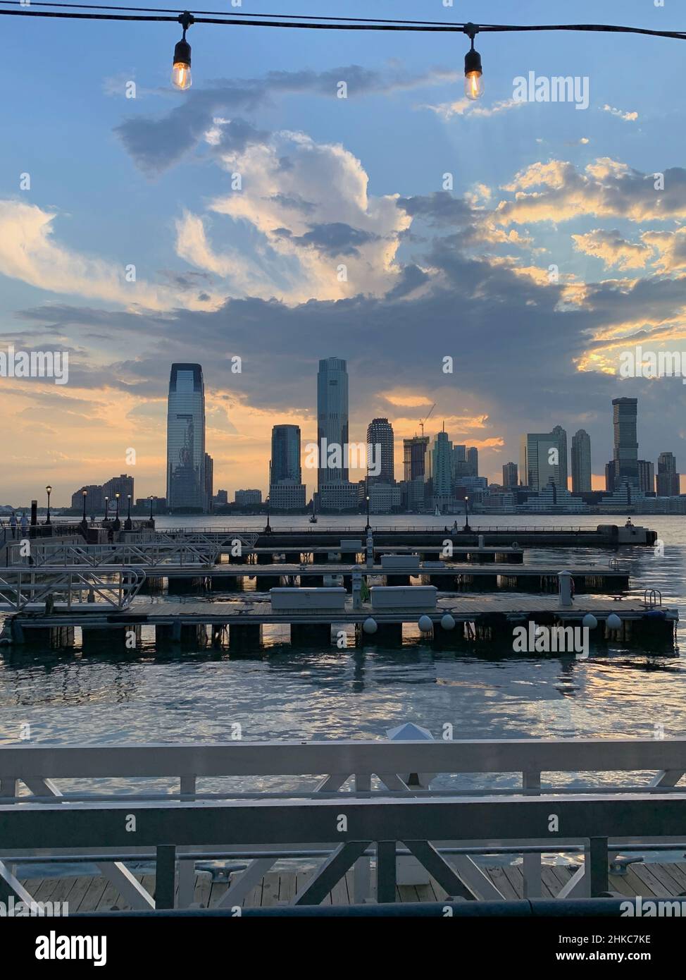 North Cove Marina with Jersey City Skyline in the Evening, NYC Stock Photo