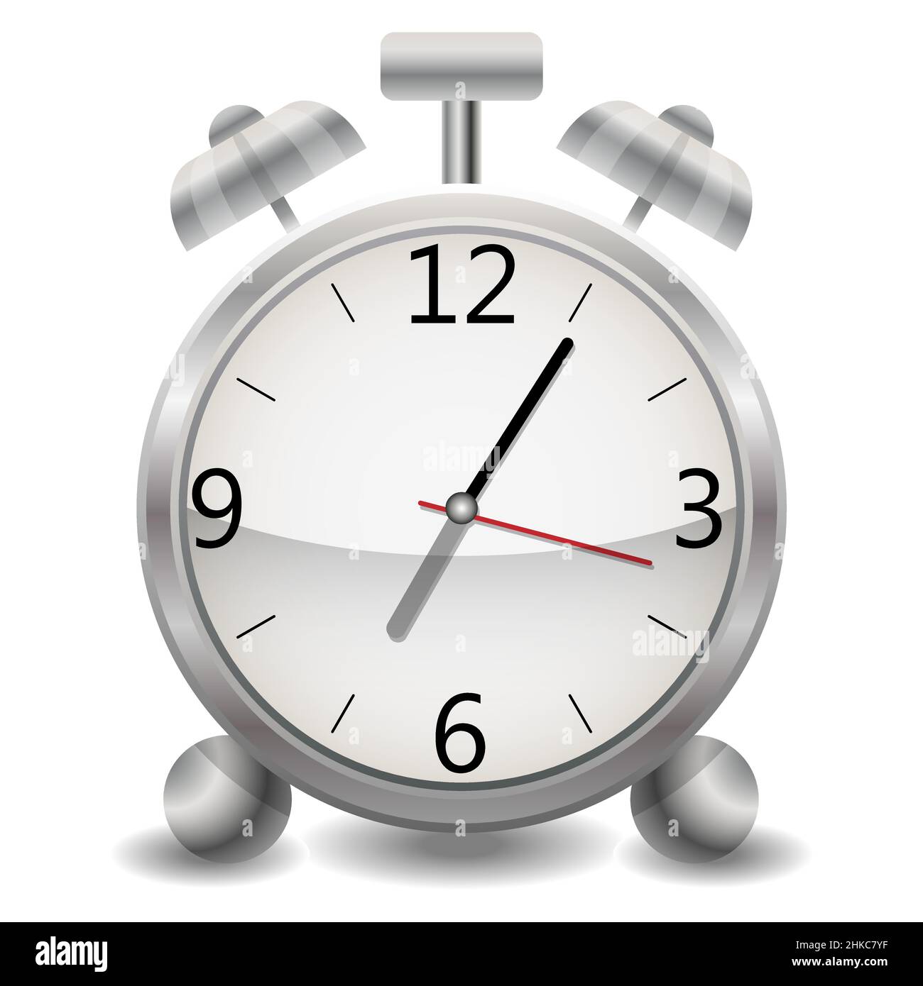 Metal mechanical realistic alarm clock, a clock showing five minutes after seven, end of the day