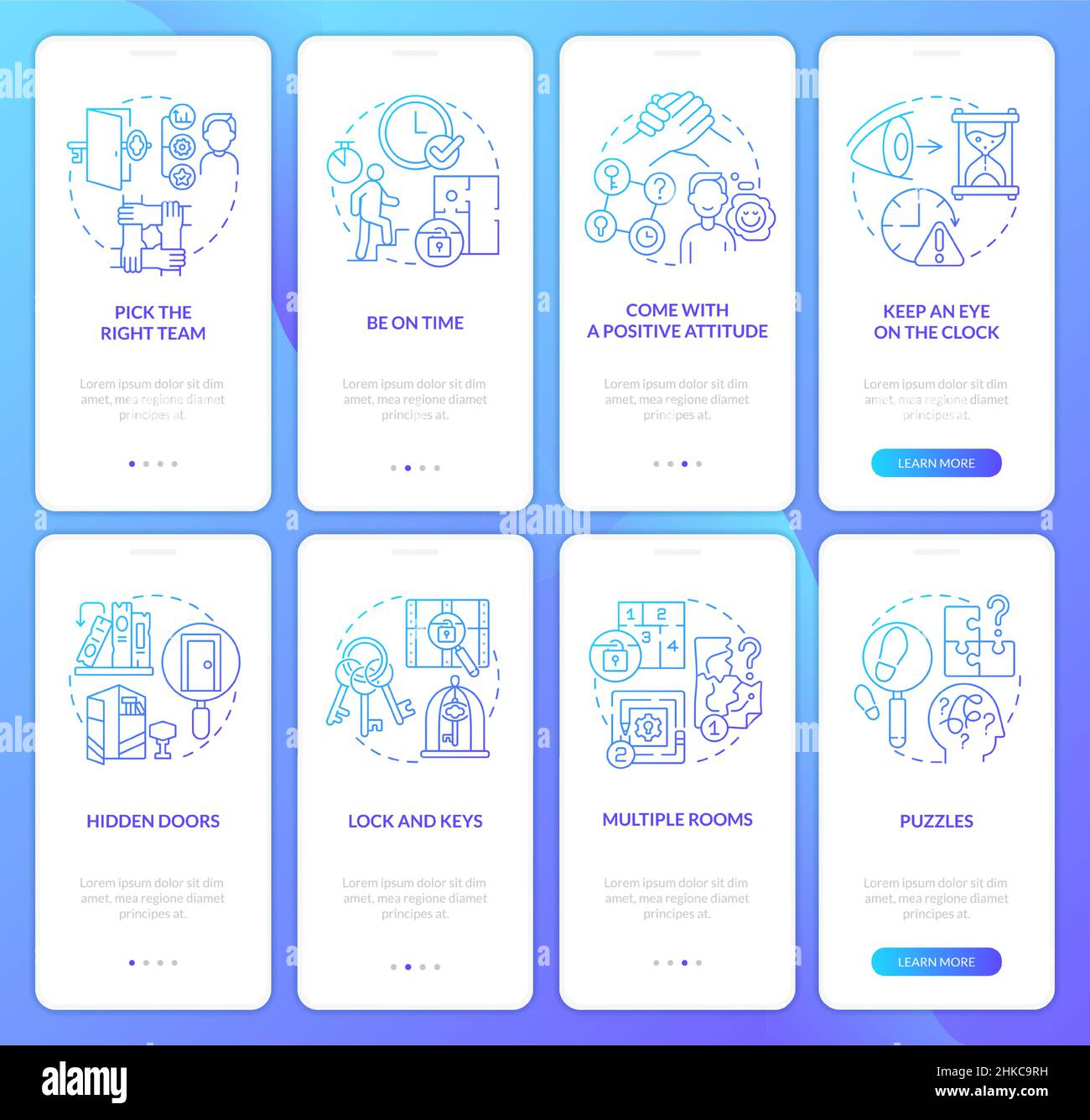 Escape room challenges blue gradient onboarding mobile app screen set Stock Vector
