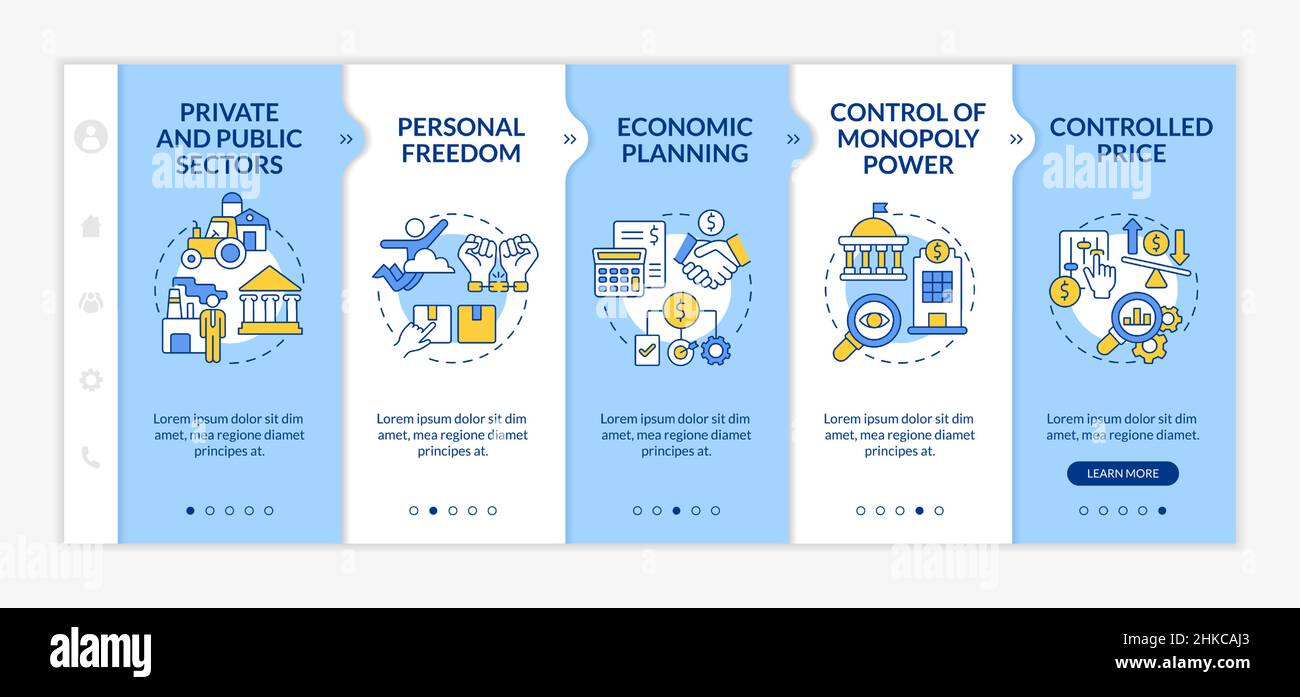 Mixed economy features blue and white onboarding template Stock Vector