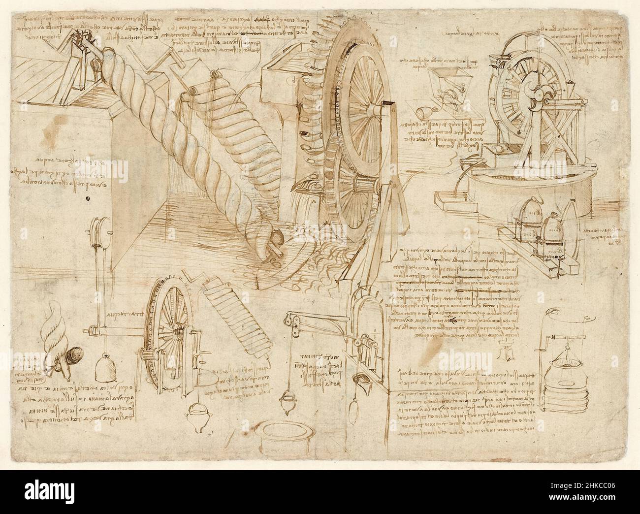 Drawings of waterwheels and Archimedean screws used for irrigation by Leonardo da Vinci (1452-1519) contained in the Codex Atlanticus a bound set of over 1000 pages dating from 1478 to 1519. Stock Photo