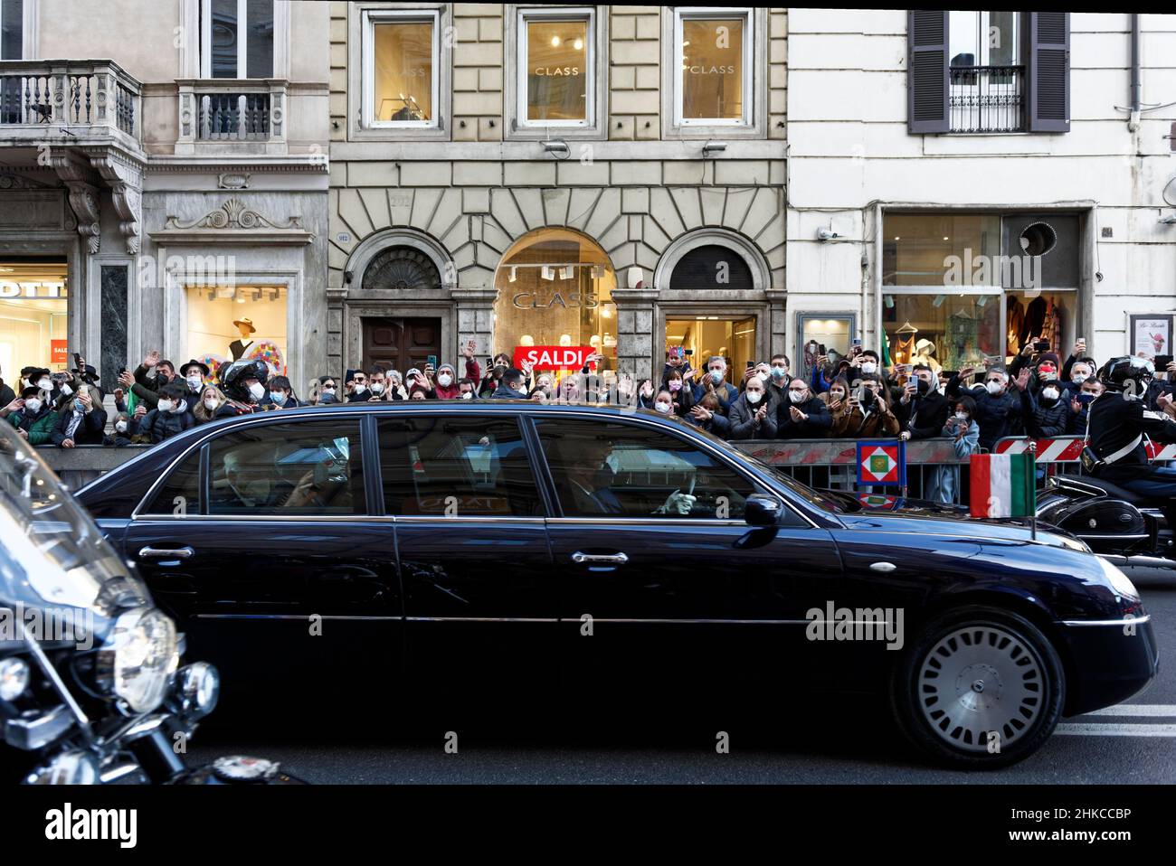 Italy's newly re-elected President Sergio Mattarella's car is escorted by Carabinieri officers on its way to the Italian parliament Stock Photo